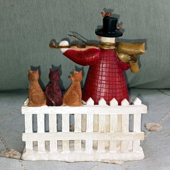 Deb Strain Raz, Vintage 1999, Snowman Playing the Violin with Cats on the Fence - Picture 4 of 6